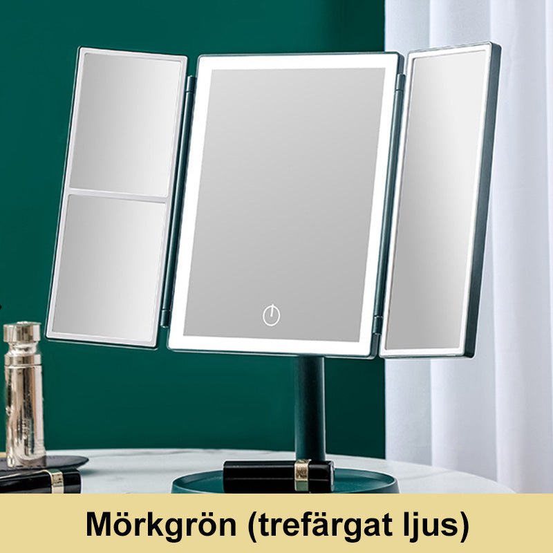 Foldable LED Makeup Mirror — Tri-Color Dimmable Lighting, 2x/3x Magnification, USB Rechargeable