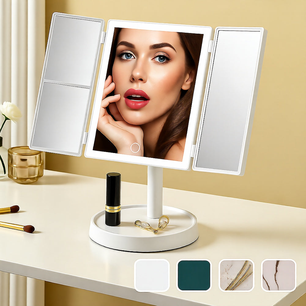 Foldable LED Makeup Mirror — Tri-Color Dimmable Lighting, 2x/3x Magnification, USB Rechargeable