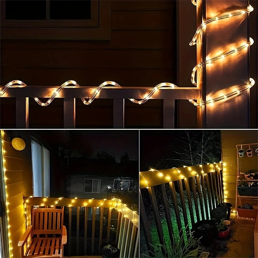 Solar LED Rope Light — 40 ft Flexible Strand, 8 Modes, Dusk-to-Dawn, IP65