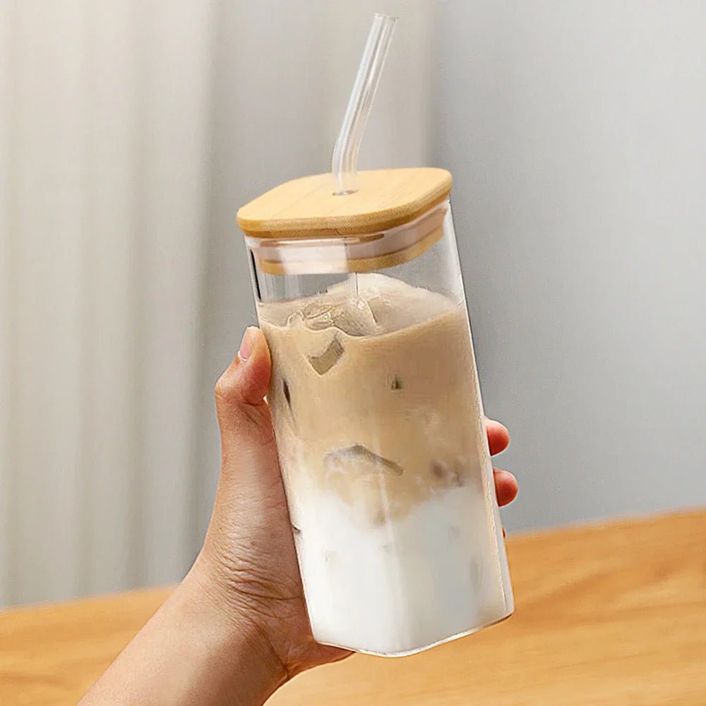 Square Glass To-Go Cup — Borosilicate with Silicone Seal, Bamboo or Clear Lid