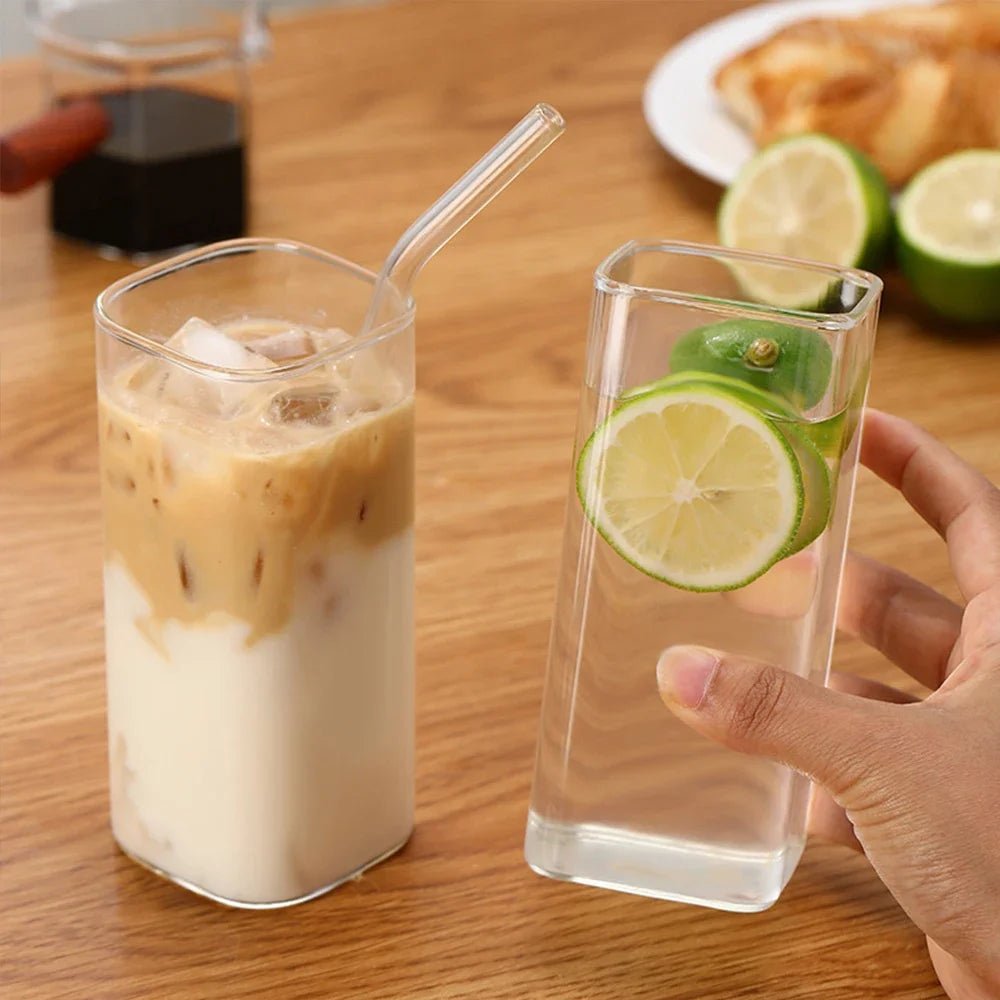 Square Glass To-Go Cup — Borosilicate with Silicone Seal, Bamboo or Clear Lid