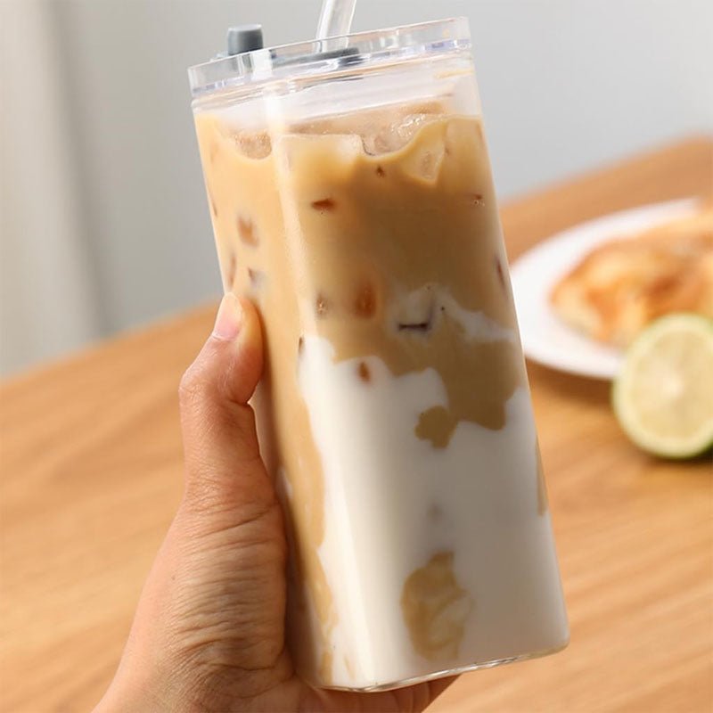 Square Glass To-Go Cup — Borosilicate with Silicone Seal, Bamboo or Clear Lid