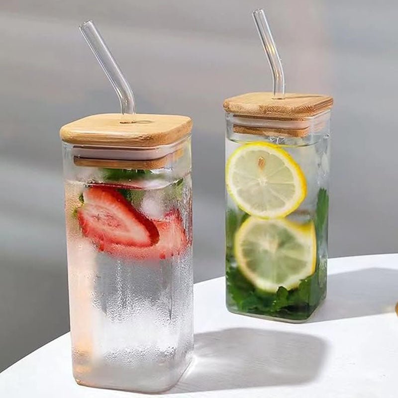 Square Glass To-Go Cup — Borosilicate with Silicone Seal, Bamboo or Clear Lid