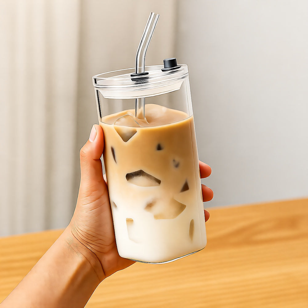 Square Glass To-Go Cup — Borosilicate with Silicone Seal, Bamboo or Clear Lid