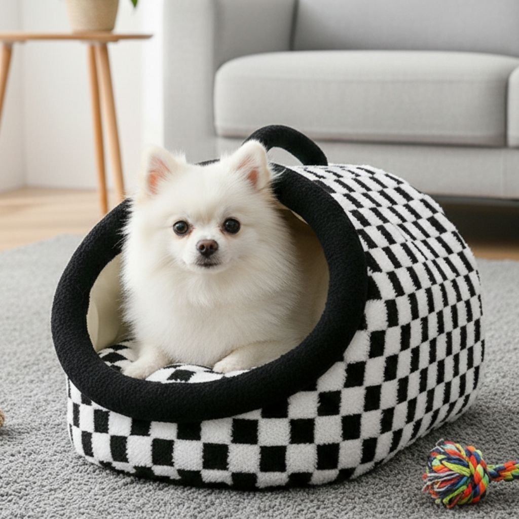 Arlo Semi-Enclosed Pet Bed — Insulated Checkered Cat & Small Dog Hideaway, Non-Slip Base, S–L