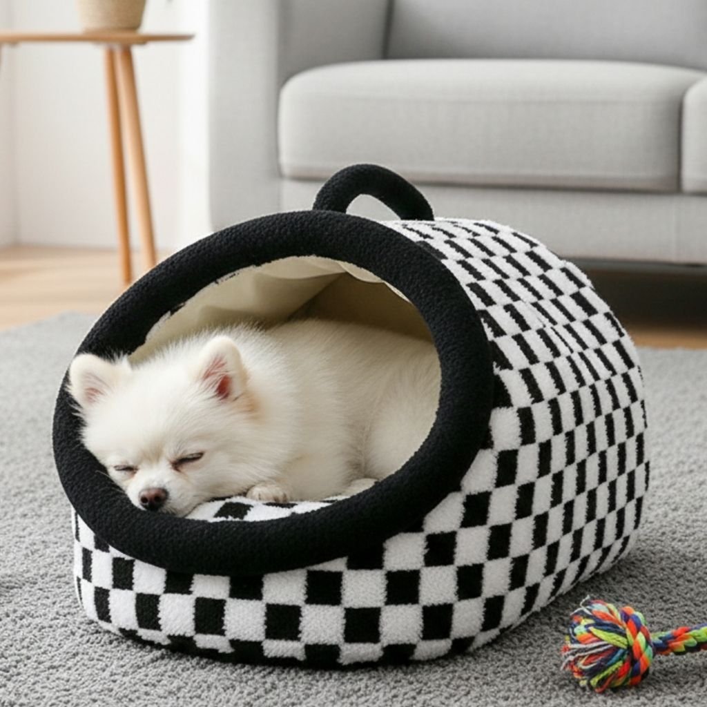 Arlo Semi-Enclosed Pet Bed — Insulated Checkered Cat & Small Dog Hideaway, Non-Slip Base, S–L