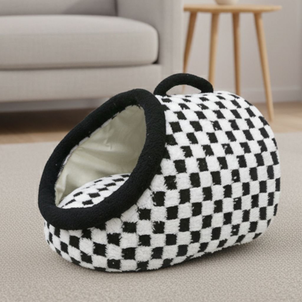 Arlo Semi-Enclosed Pet Bed — Insulated Checkered Cat & Small Dog Hideaway, Non-Slip Base, S–L
