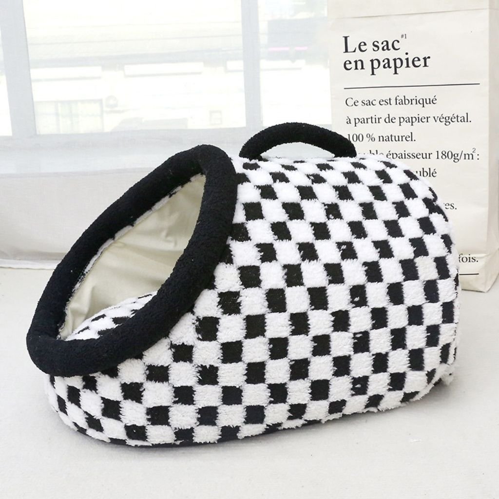 Arlo Semi-Enclosed Pet Bed — Insulated Checkered Cat & Small Dog Hideaway, Non-Slip Base, S–L