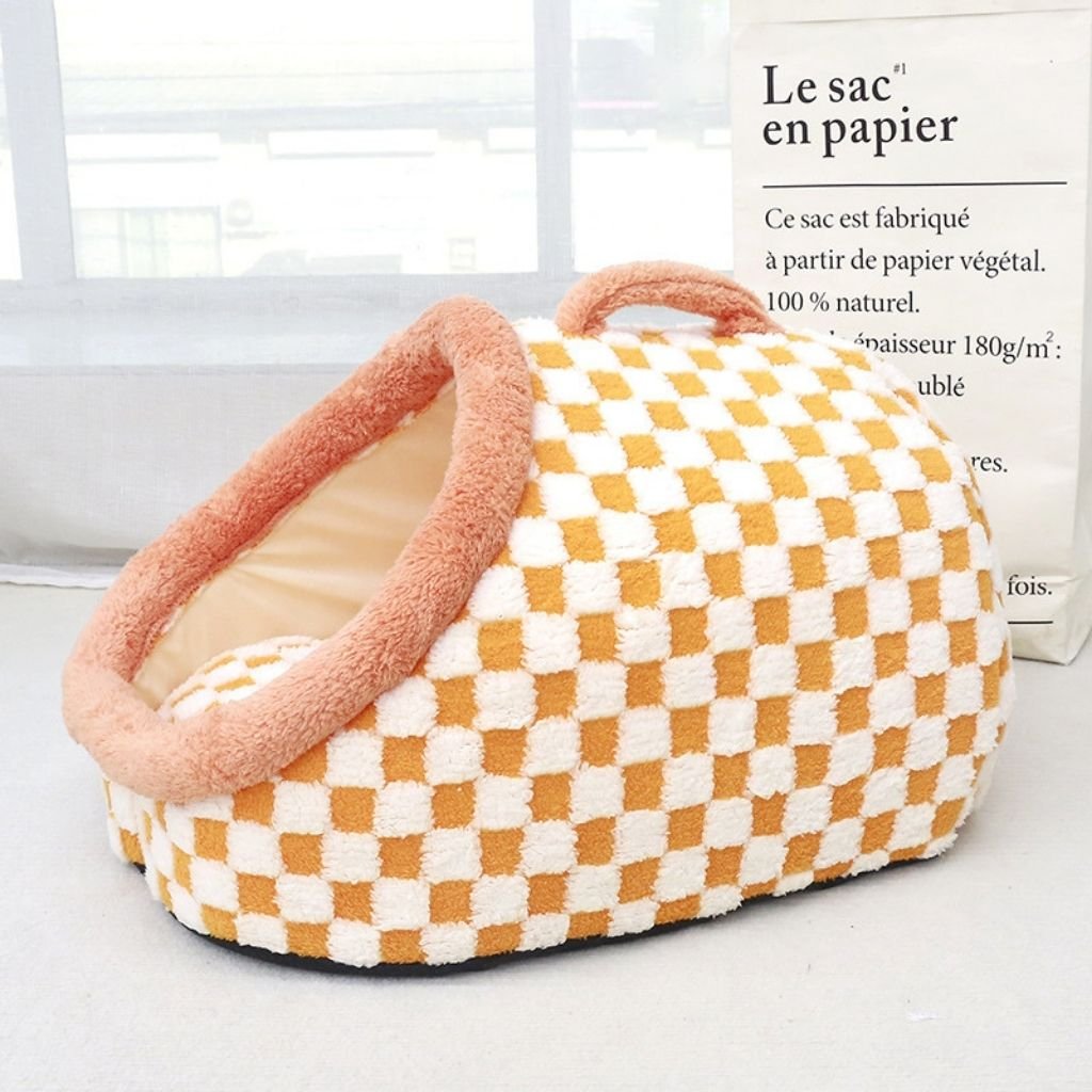 Arlo Semi-Enclosed Pet Bed — Insulated Checkered Cat & Small Dog Hideaway, Non-Slip Base, S–L