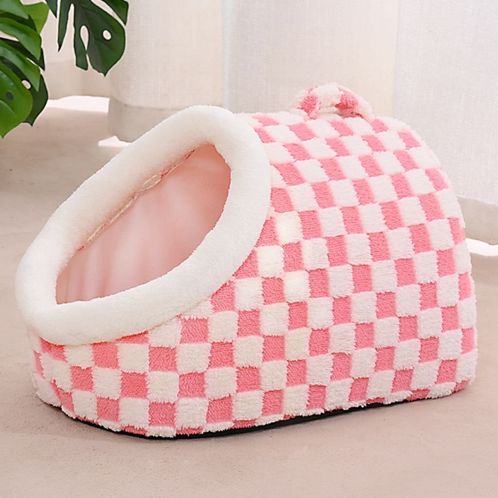 Arlo Semi-Enclosed Pet Bed — Insulated Checkered Cat & Small Dog Hideaway, Non-Slip Base, S–L