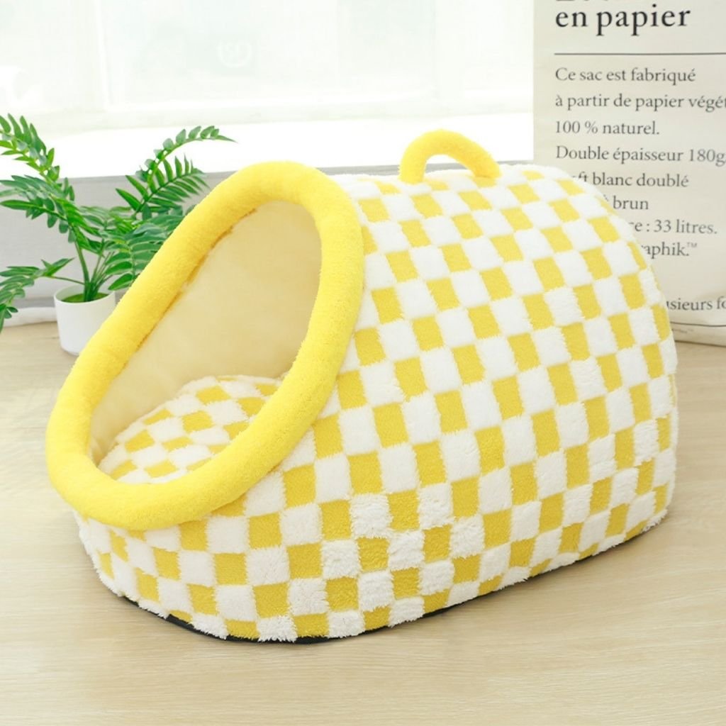 Arlo Semi-Enclosed Pet Bed — Insulated Checkered Cat & Small Dog Hideaway, Non-Slip Base, S–L