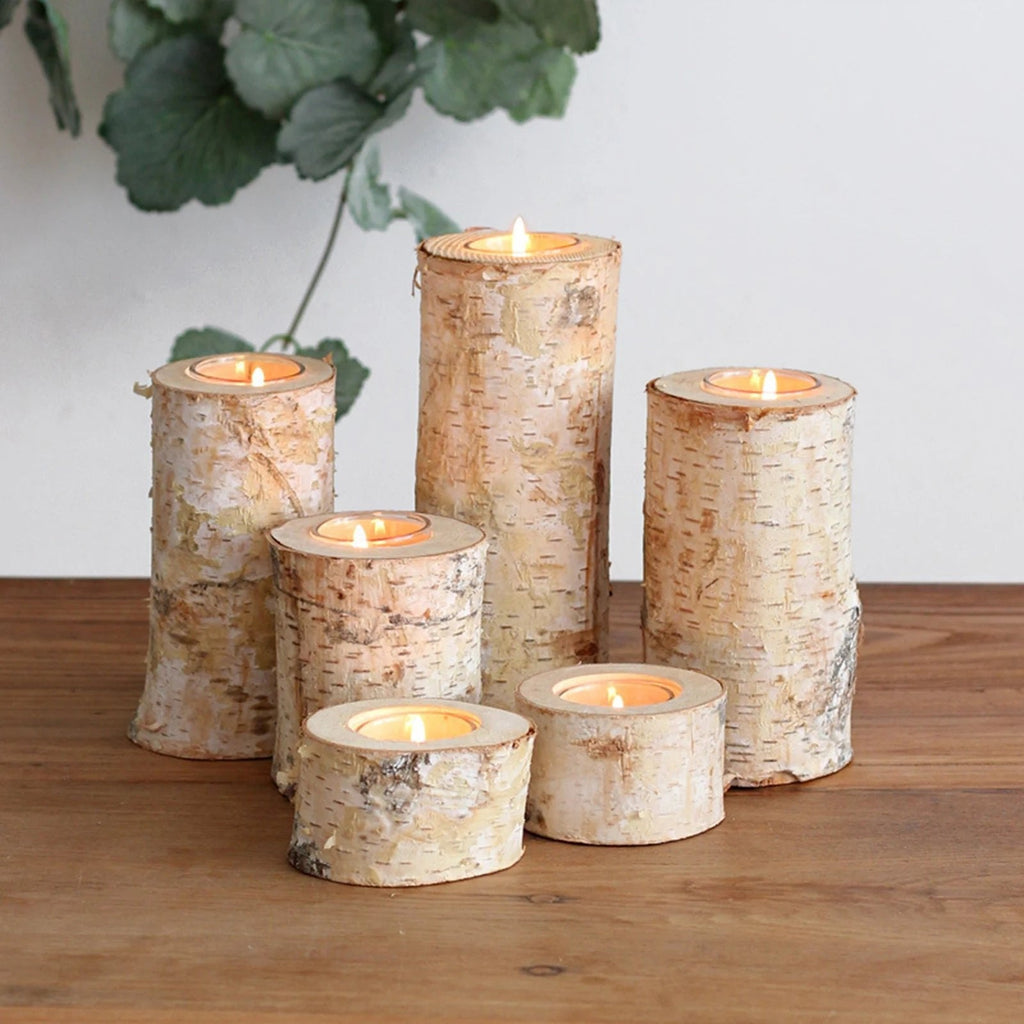 Birch Wood Candle Holder with Glass Insert — Rustic Natural Bark Table Decor, 2–8"