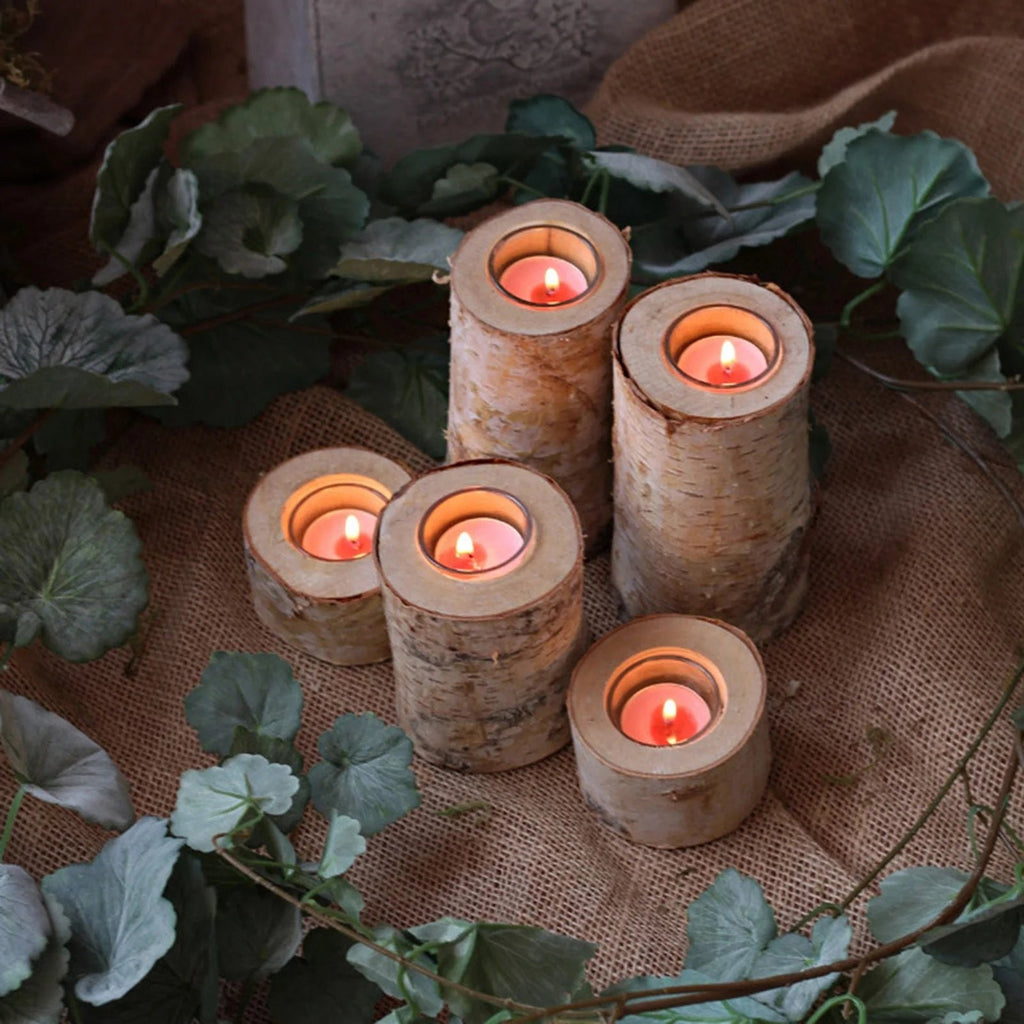 Birch Wood Candle Holder with Glass Insert — Rustic Natural Bark Table Decor, 2–8"