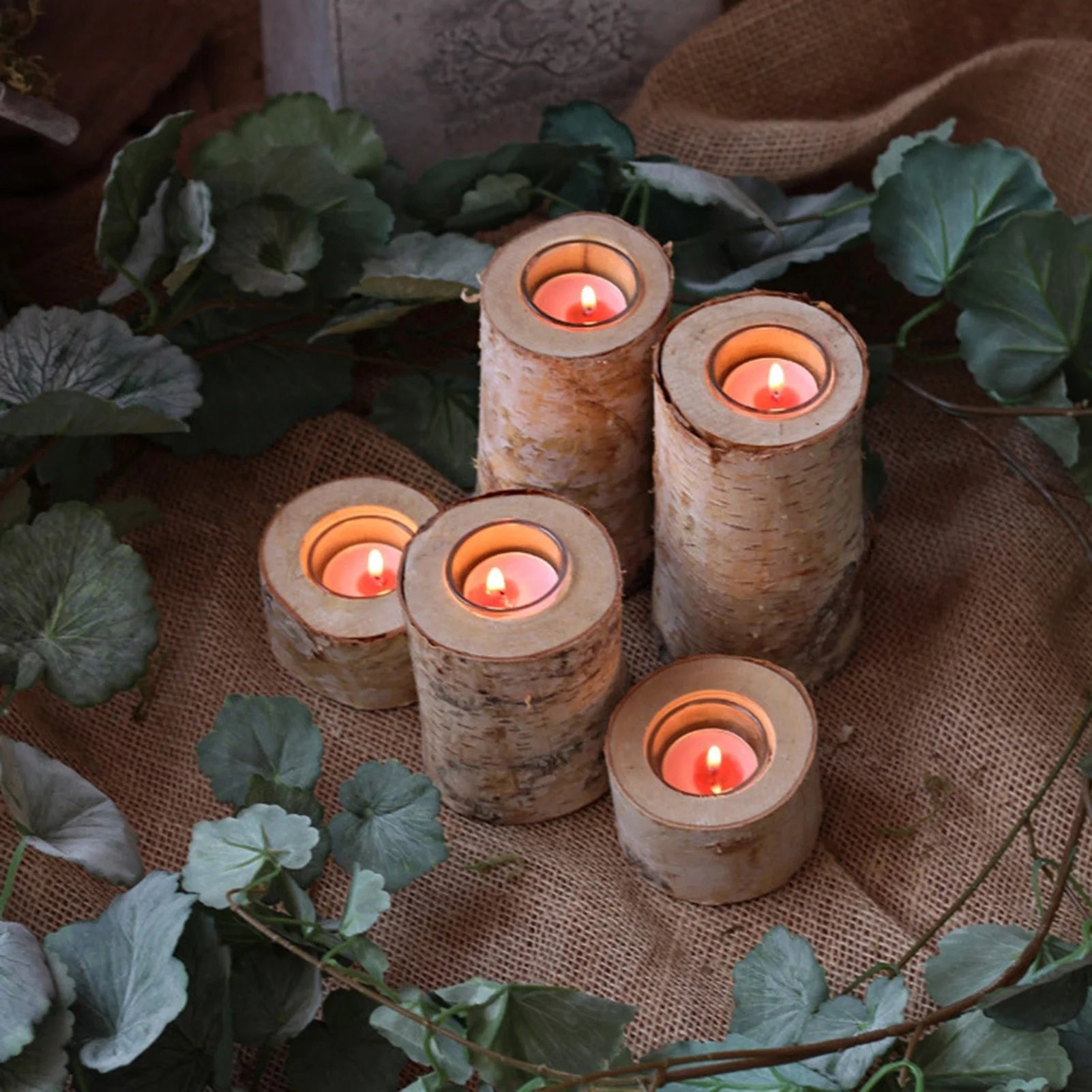 Birch Wood Candle Holder with Glass Insert — Rustic Natural Bark Table Decor, 2–8"