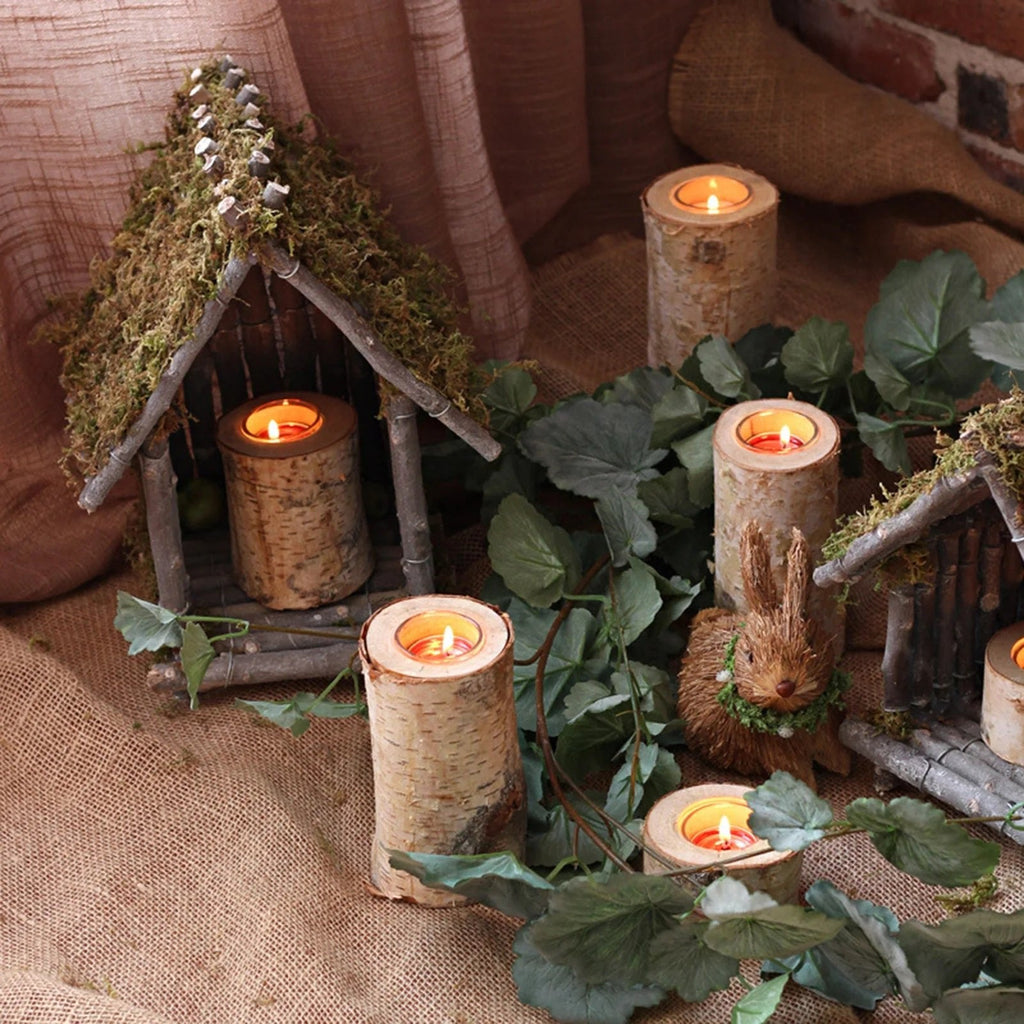 Birch Wood Candle Holder with Glass Insert — Rustic Natural Bark Table Decor, 2–8"