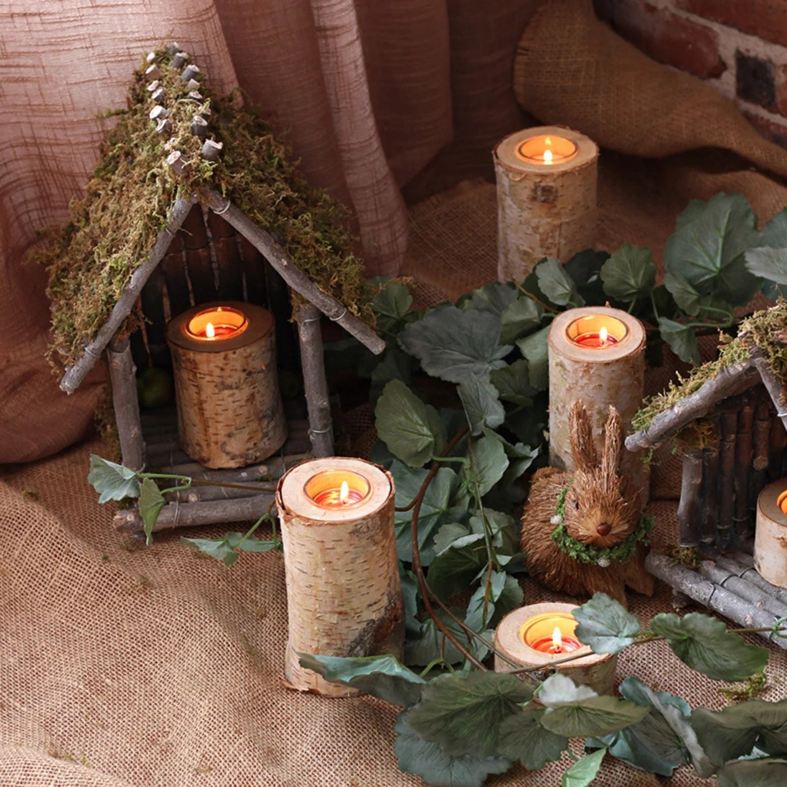 Birch Wood Candle Holder with Glass Insert — Rustic Natural Bark Table Decor, 2–8"