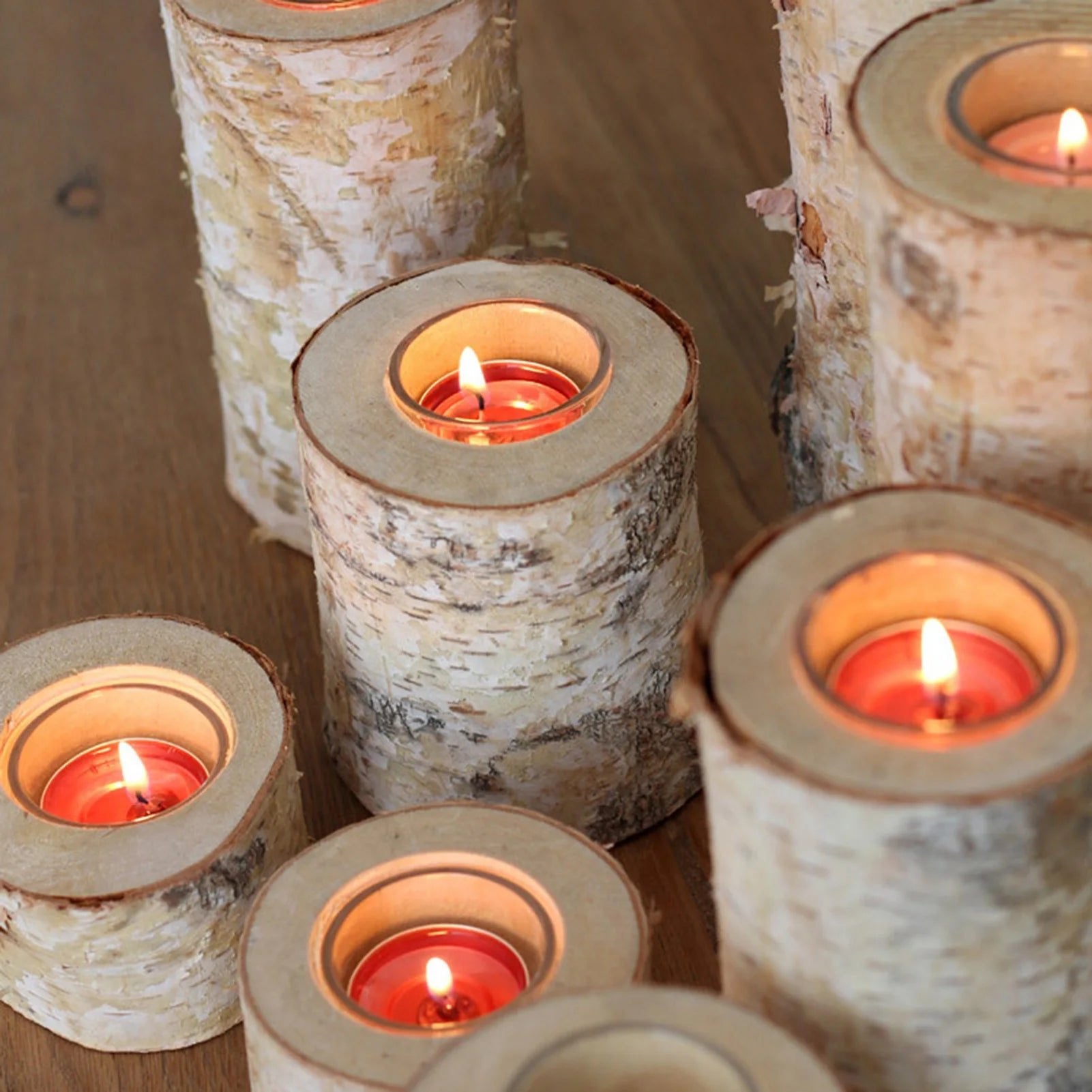 Birch Wood Candle Holder with Glass Insert — Rustic Natural Bark Table Decor, 2–8"