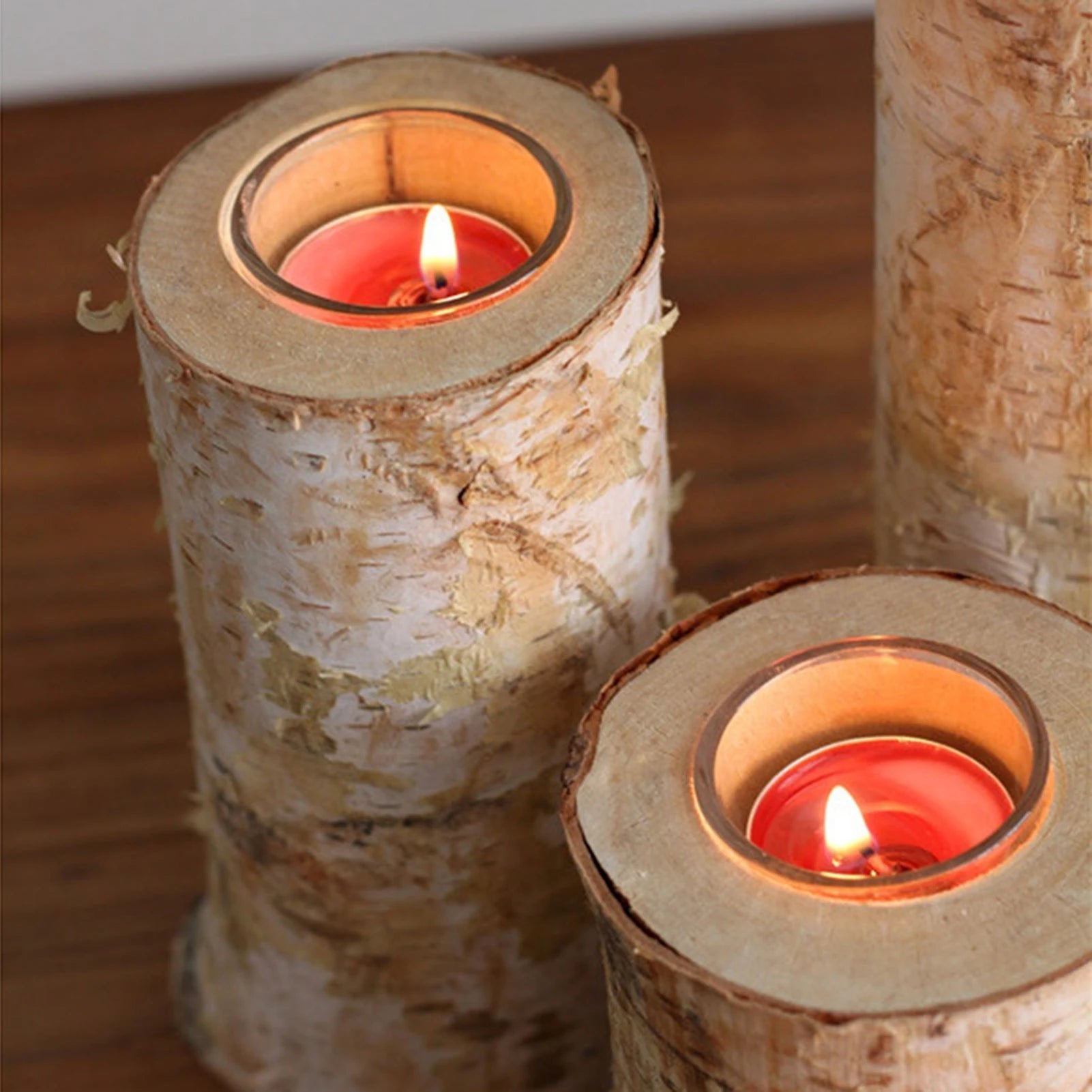 Birch Wood Candle Holder with Glass Insert — Rustic Natural Bark Table Decor, 2–8"