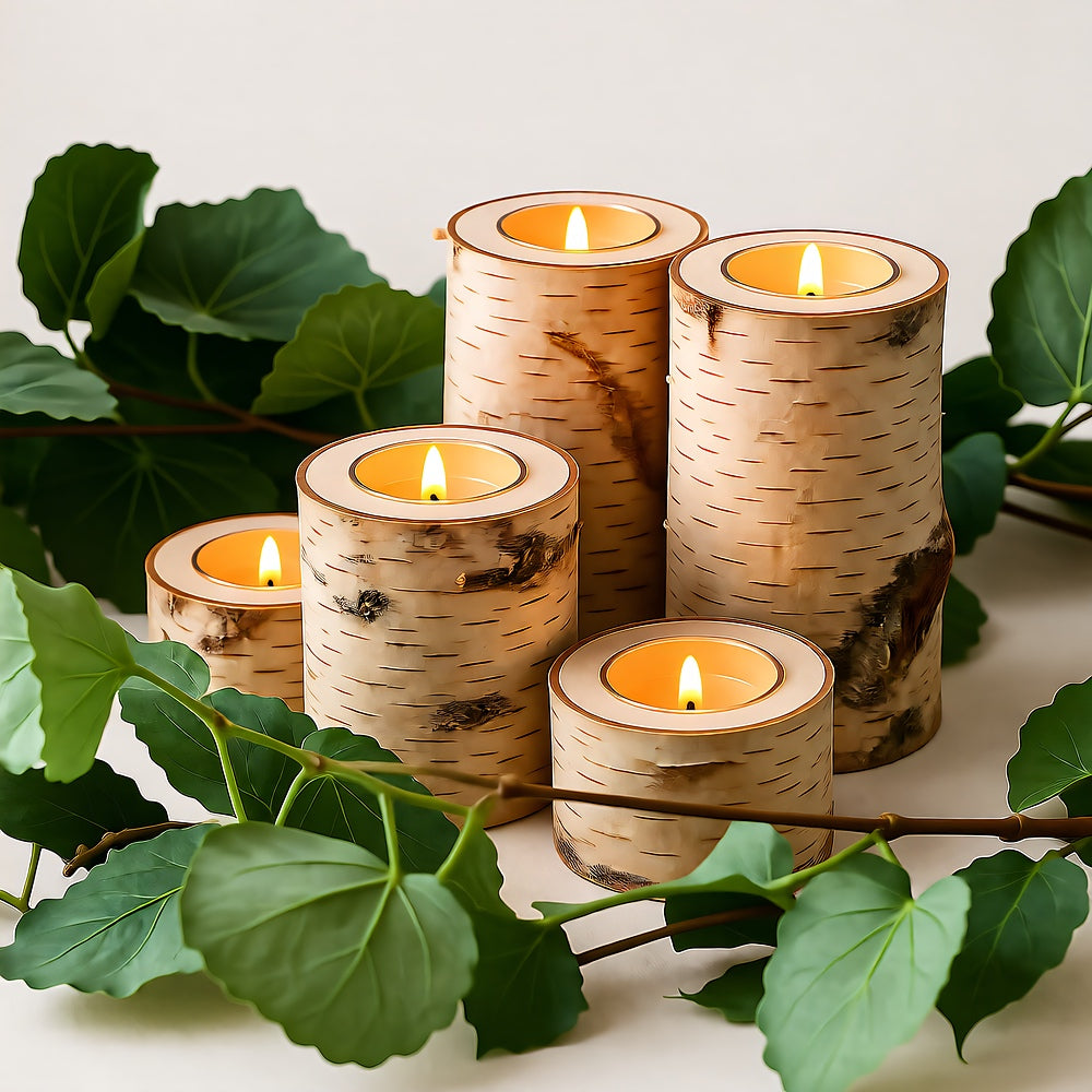 Birch Wood Candle Holder with Glass Insert — Rustic Natural Bark Table Decor, 2–8"
