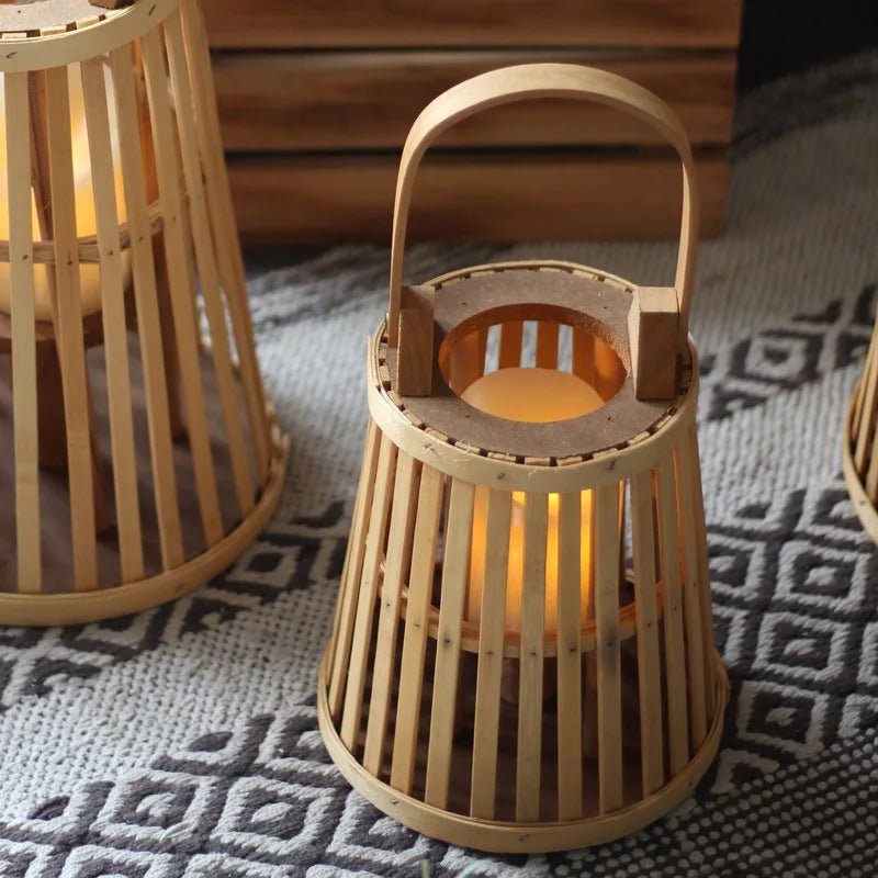 Hand-Woven Bamboo Rattan Flameless Candle Holder — Natural Textured Indoor Decor