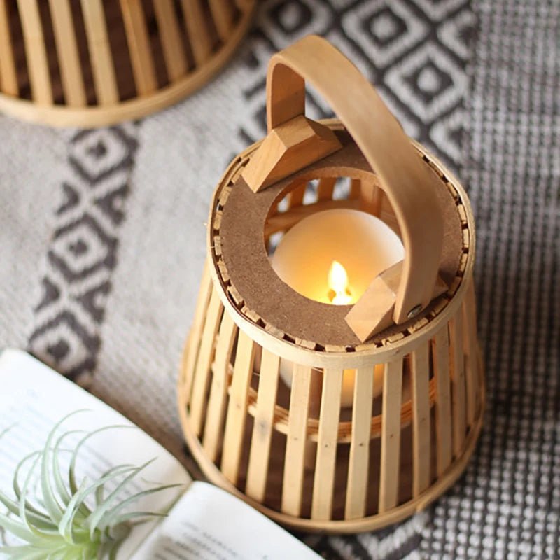 Hand-Woven Bamboo Rattan Flameless Candle Holder — Natural Textured Indoor Decor