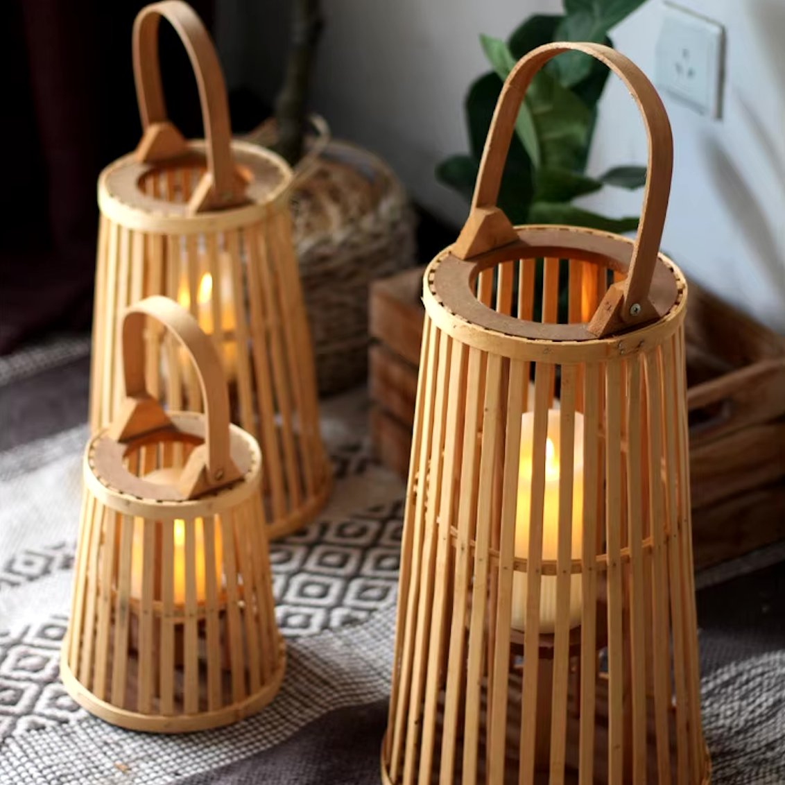 Hand-Woven Bamboo Rattan Flameless Candle Holder — Natural Textured Indoor Decor