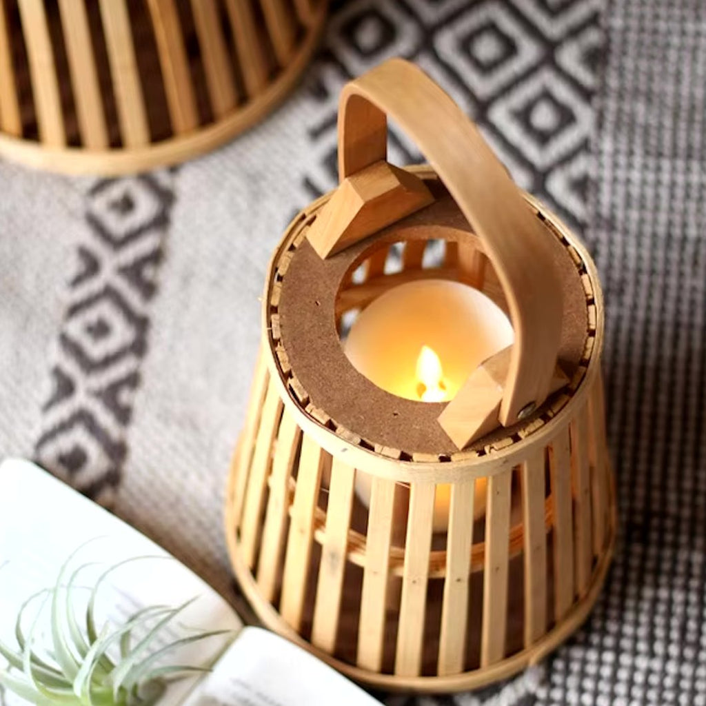 Hand-Woven Bamboo Rattan Flameless Candle Holder — Natural Textured Indoor Decor