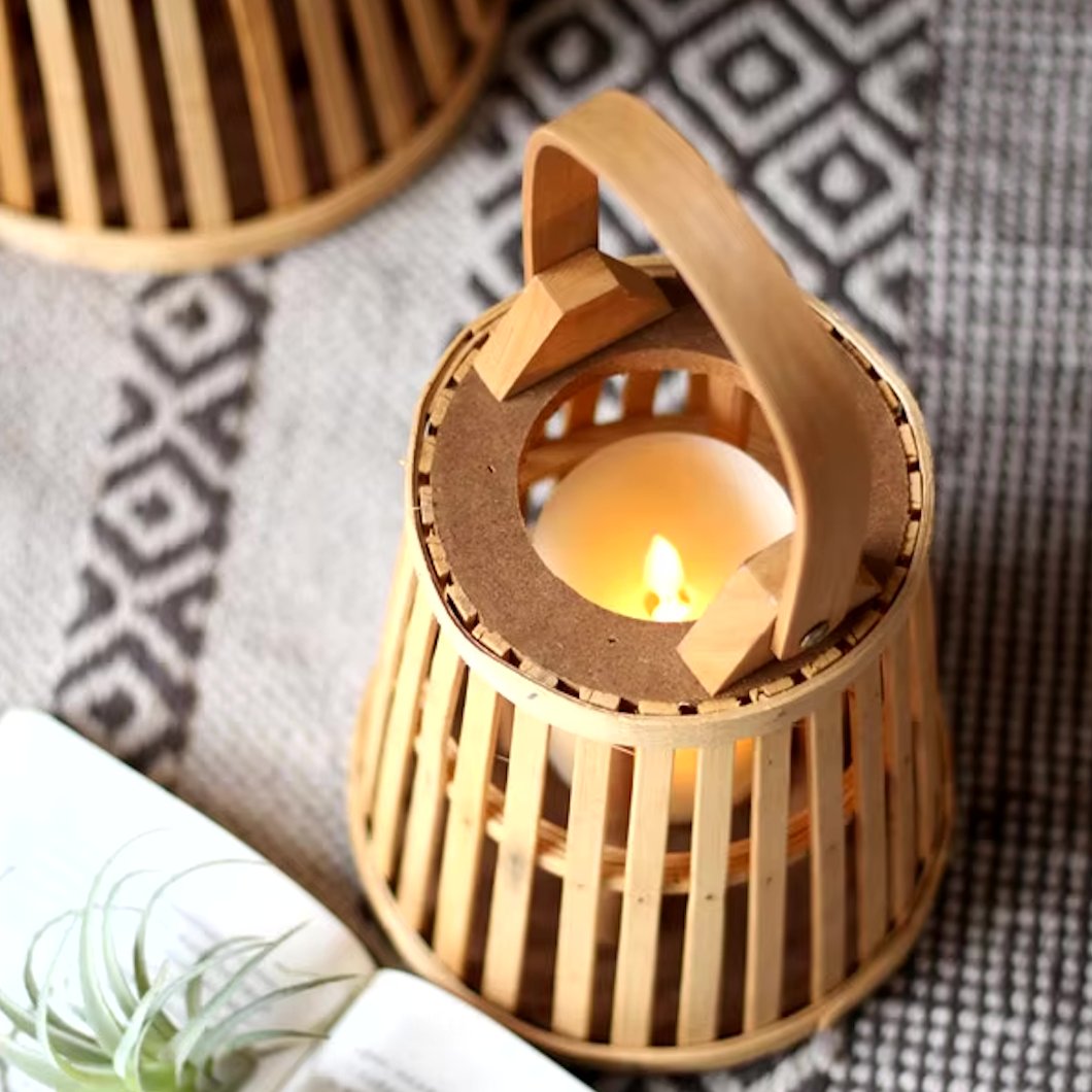 Hand-Woven Bamboo Rattan Flameless Candle Holder — Natural Textured Indoor Decor