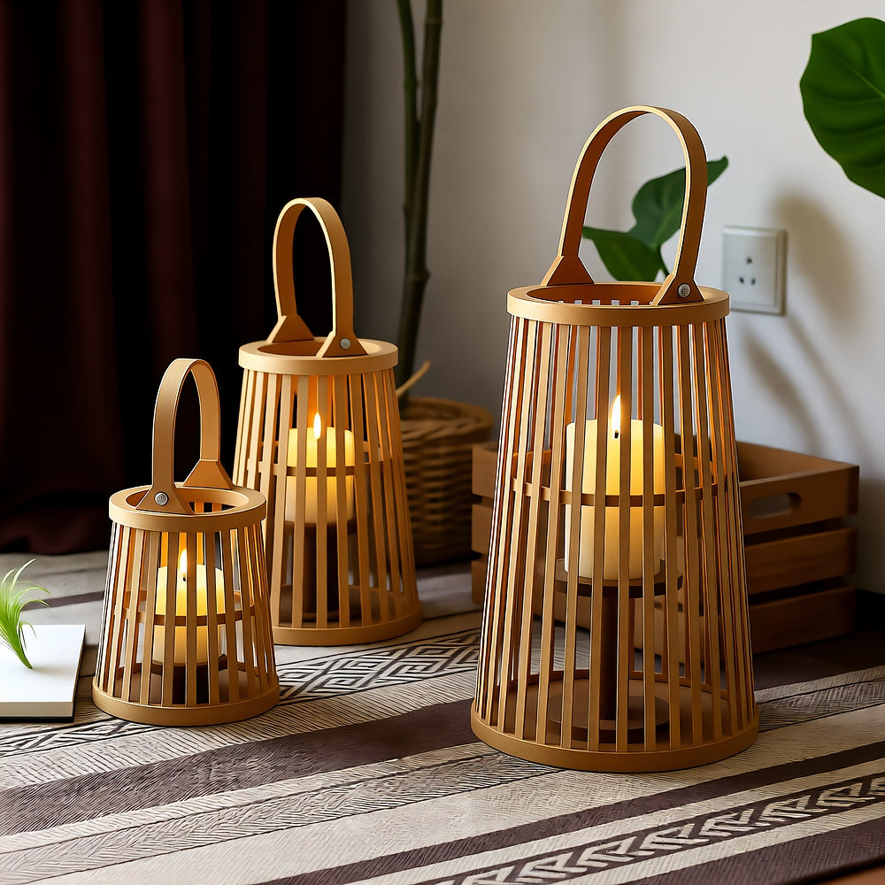 Hand-Woven Bamboo Rattan Flameless Candle Holder — Natural Textured Indoor Decor
