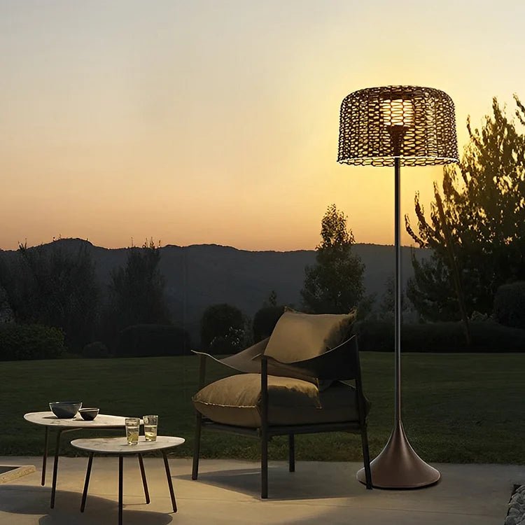 Solar Woven Floor Lamp — 67" Rattan-Look Statement Light, Dimmable with Remote, IP65