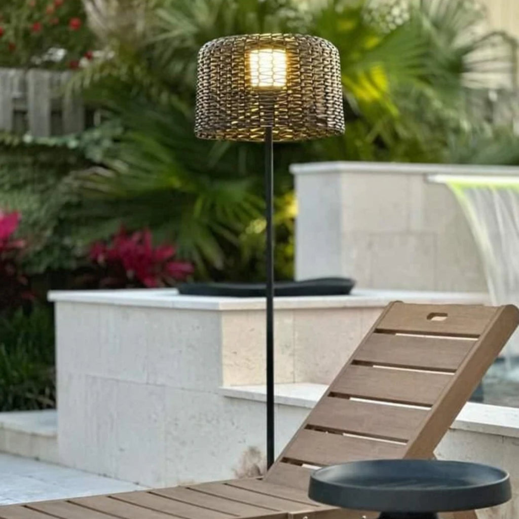 Solar Woven Floor Lamp — 67" Rattan-Look Statement Light, Dimmable with Remote, IP65
