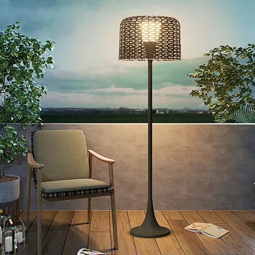 Solar Woven Floor Lamp — 67" Rattan-Look Statement Light, Dimmable with Remote, IP65
