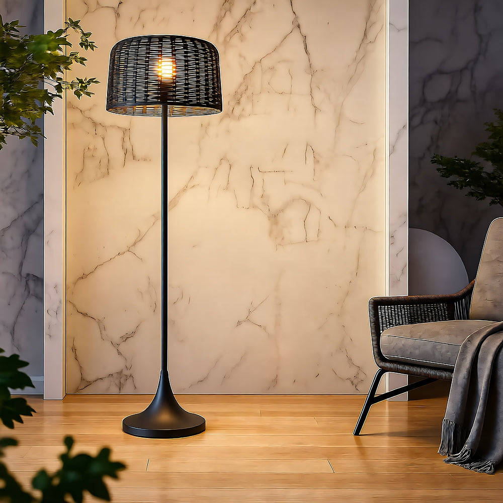 Solar Woven Floor Lamp — 67" Rattan-Look Statement Light, Dimmable with Remote, IP65