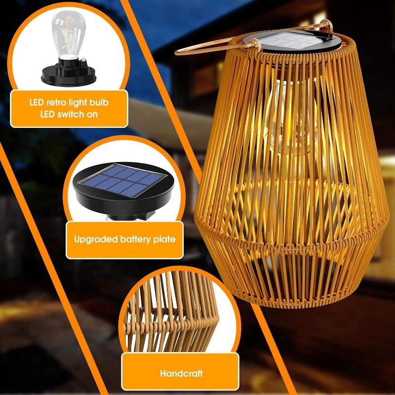 Solar Rattan Hanging Lantern — Boho LED Glow, Dusk-to-Dawn, IP65, Outdoor Garden