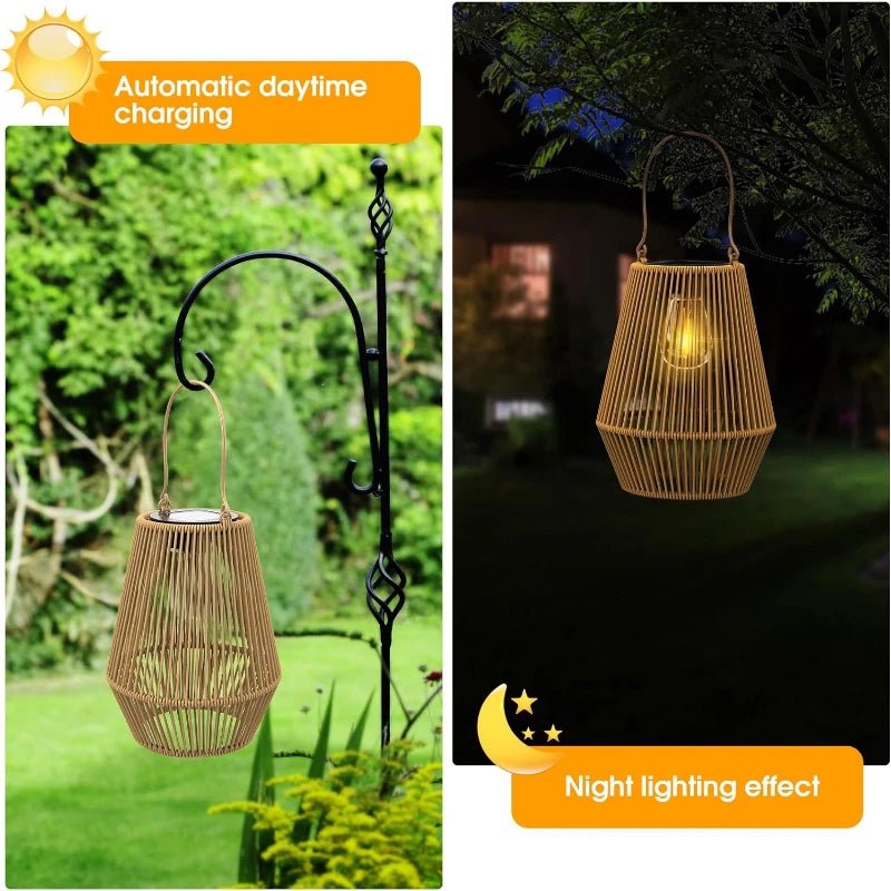 Solar Rattan Hanging Lantern — Boho LED Glow, Dusk-to-Dawn, IP65, Outdoor Garden