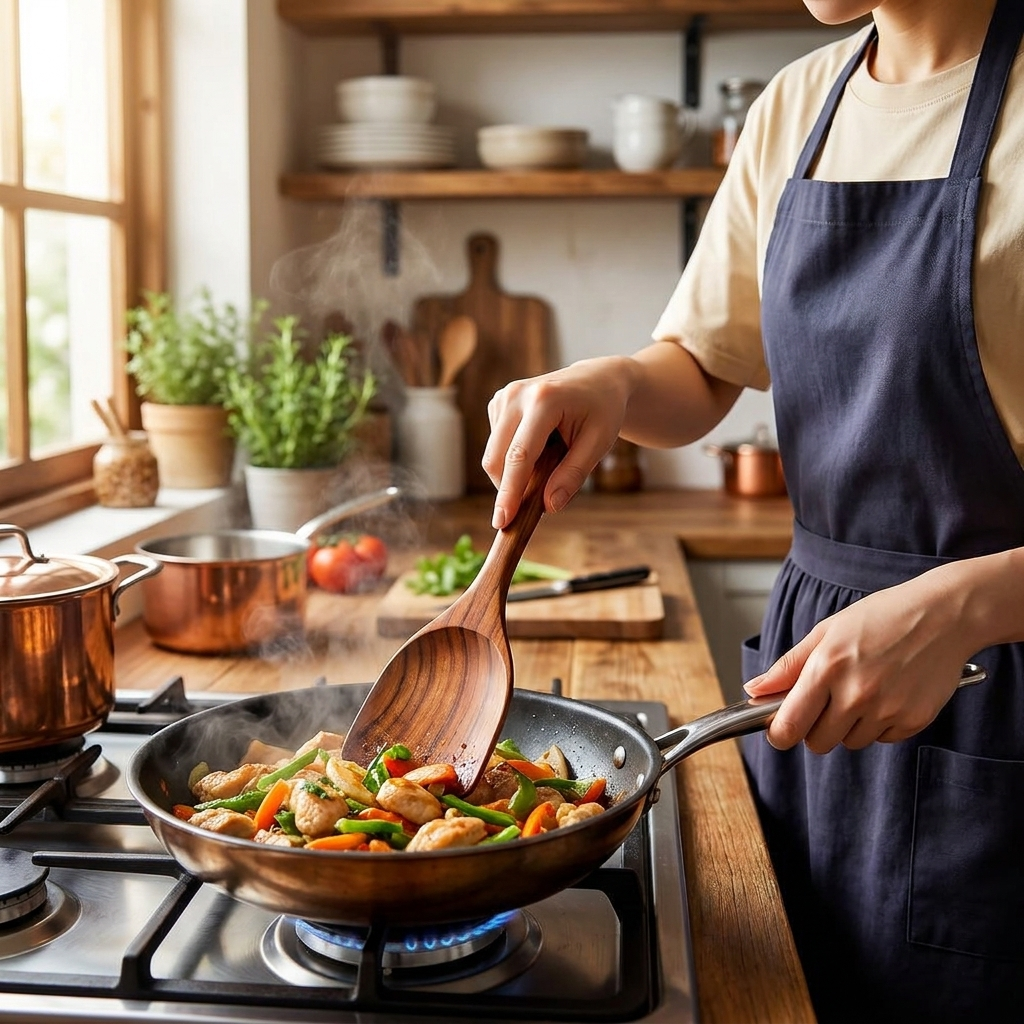 Teak Wood Kitchen Utensil Set - lifestyle image, in use