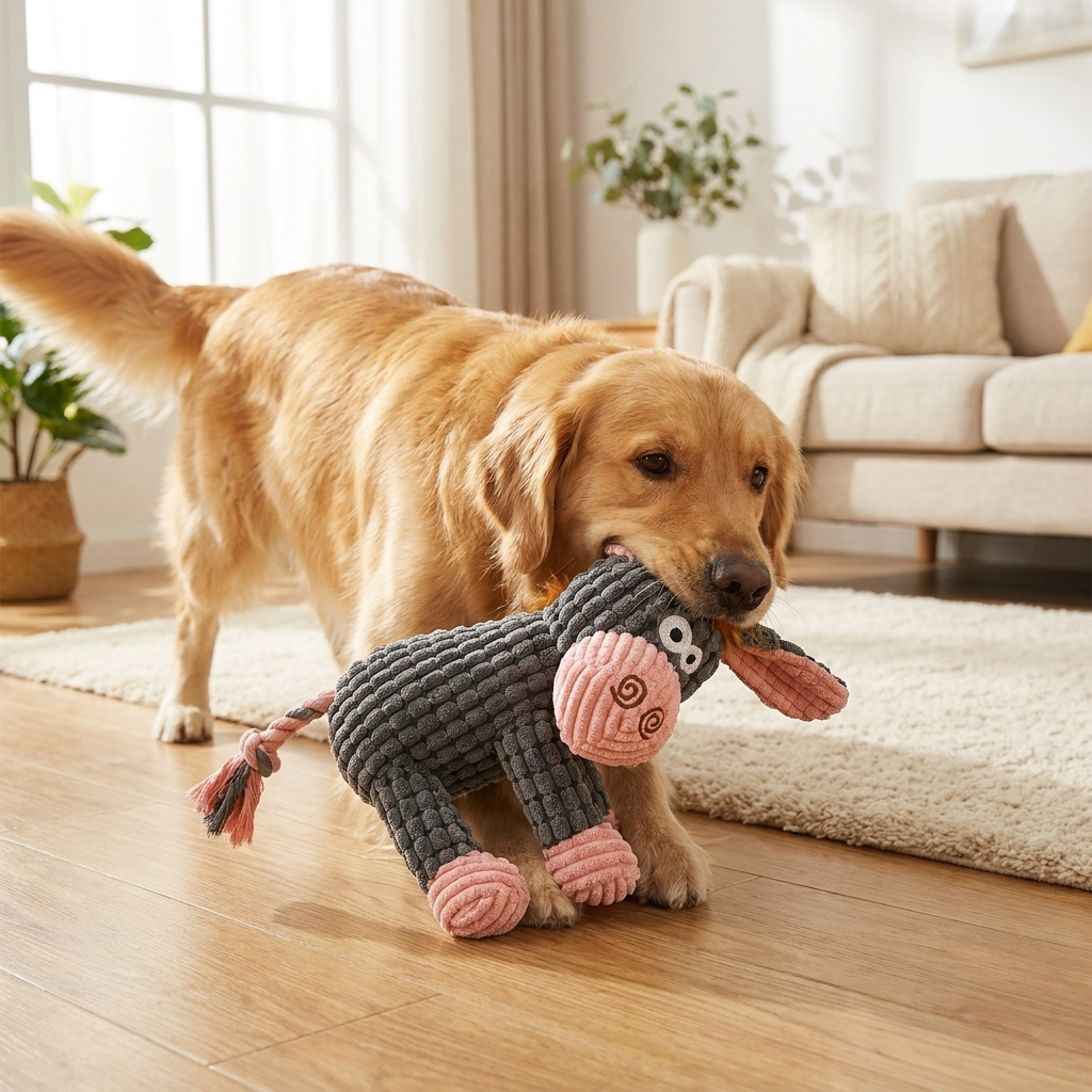 Plush Dog Toy Corduroy and Rope - lifestyle image, in use