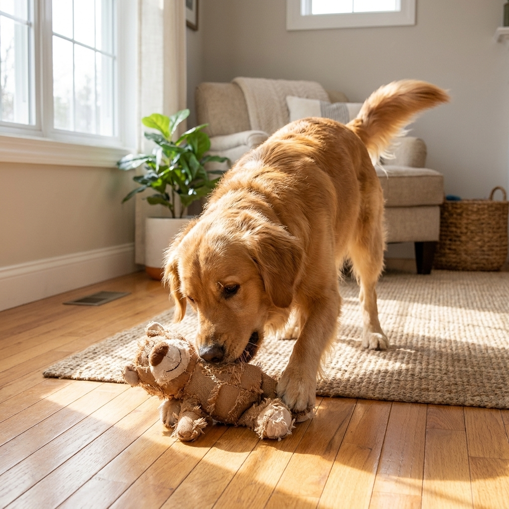 Plush Bear Dog Toy - lifestyle image, in use