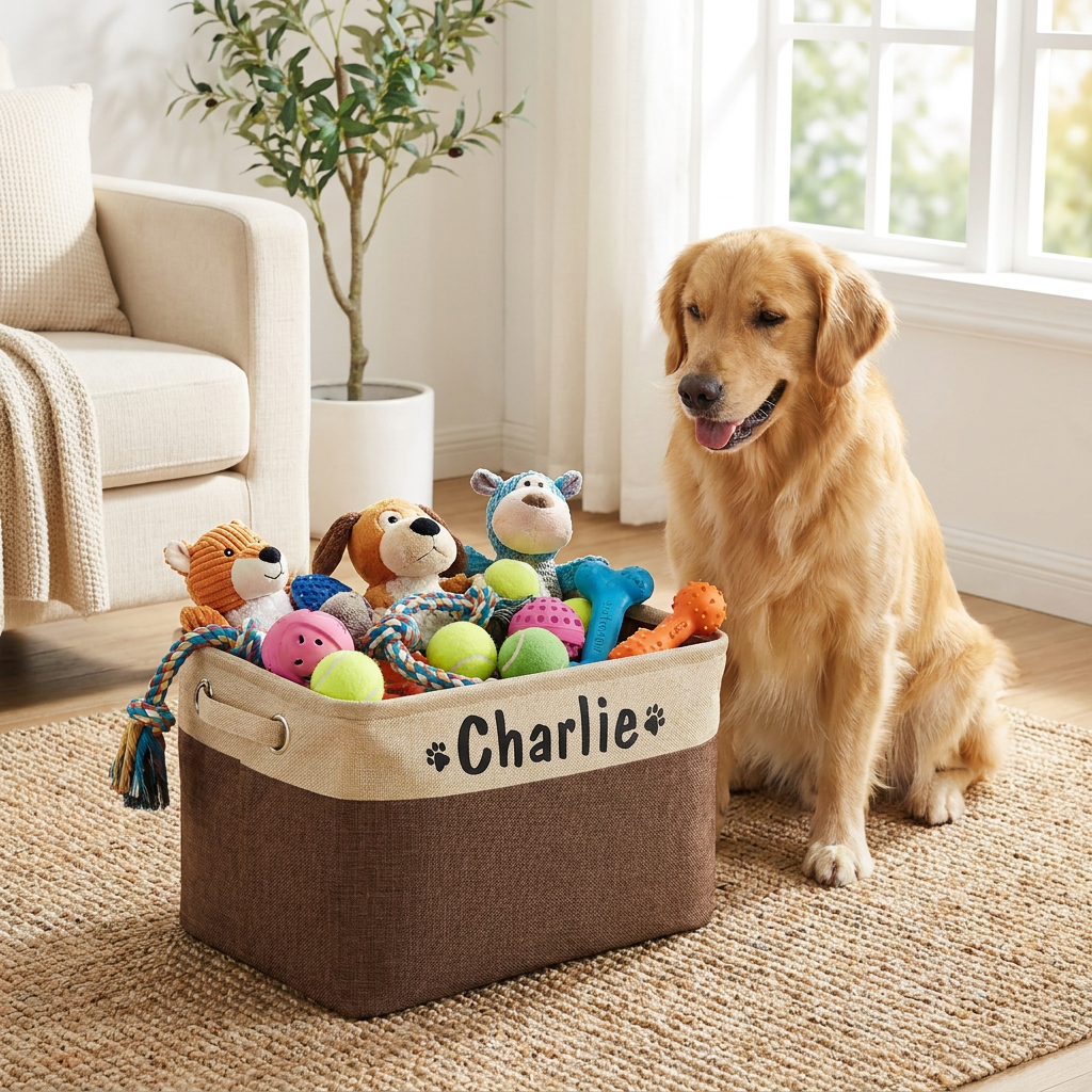 Dog Toy Storage Basket Canvas - lifestyle image, in use