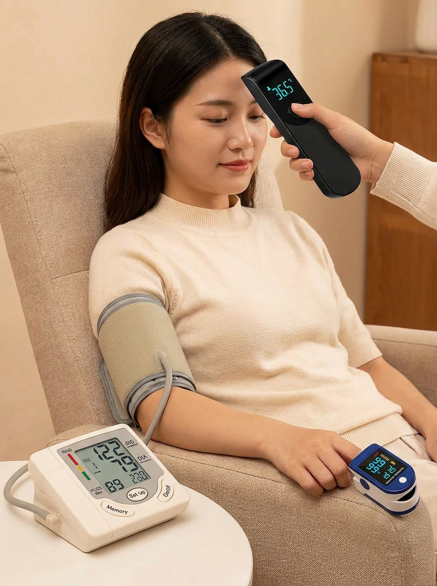 3-in-1 Home Health Monitor Kit — Wrist Blood Pressure Monitor, Pulse Oximeter & Forehead Thermometer